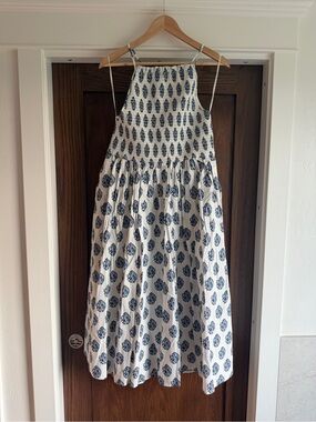 J Crew White Sundress with Blue Block Print